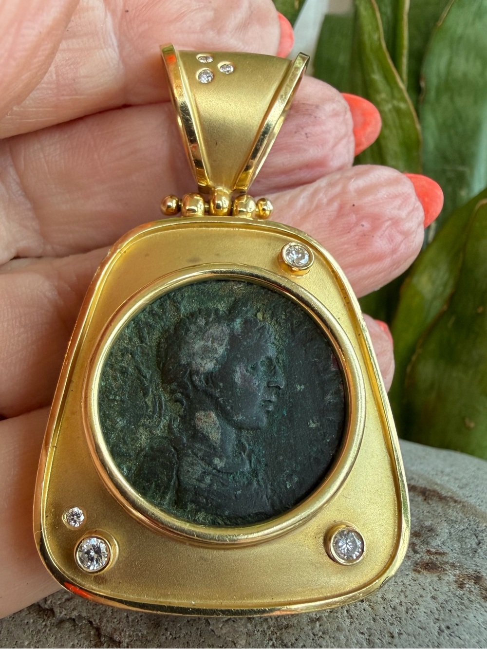 S. Sadler 18 karat gold, diamond and ancient coin pendant